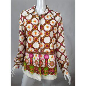 Vintage 1970s Lanie J Long-Sleeve Blouse With Psychedelic Print Made in USA XL